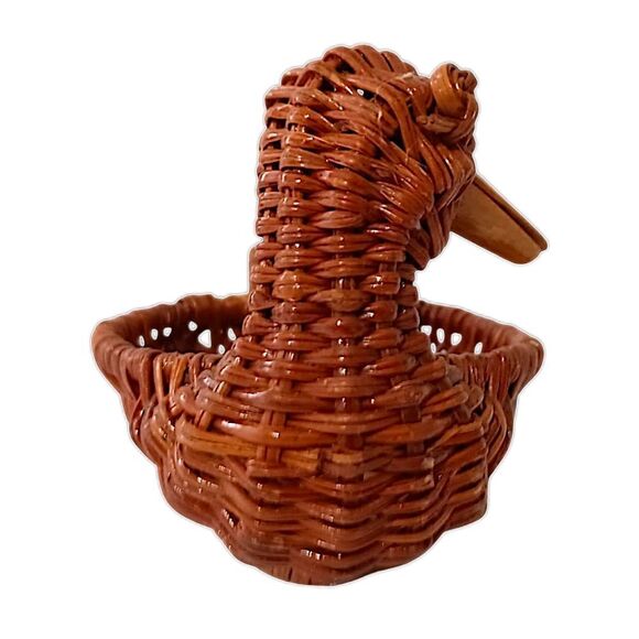 MINI Duck Shaped Wicker Basket Woven Rattan Vintage MCM Brown Wooden Beak Boho. - Picture 6 of 16